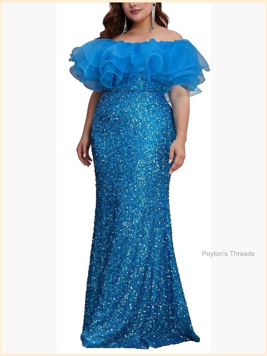 Dresses & Skirts - Sequined Off Shoulder Bodycon Maxi Formal Gown Ruffle Dress